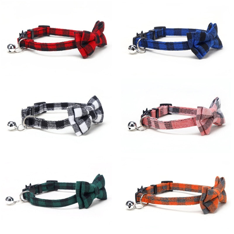 Pet Breakaway Collar Bow Tie and Bell - Cute Plaid Red Elastic Adjustable Dog Collar With Sash Small Bell